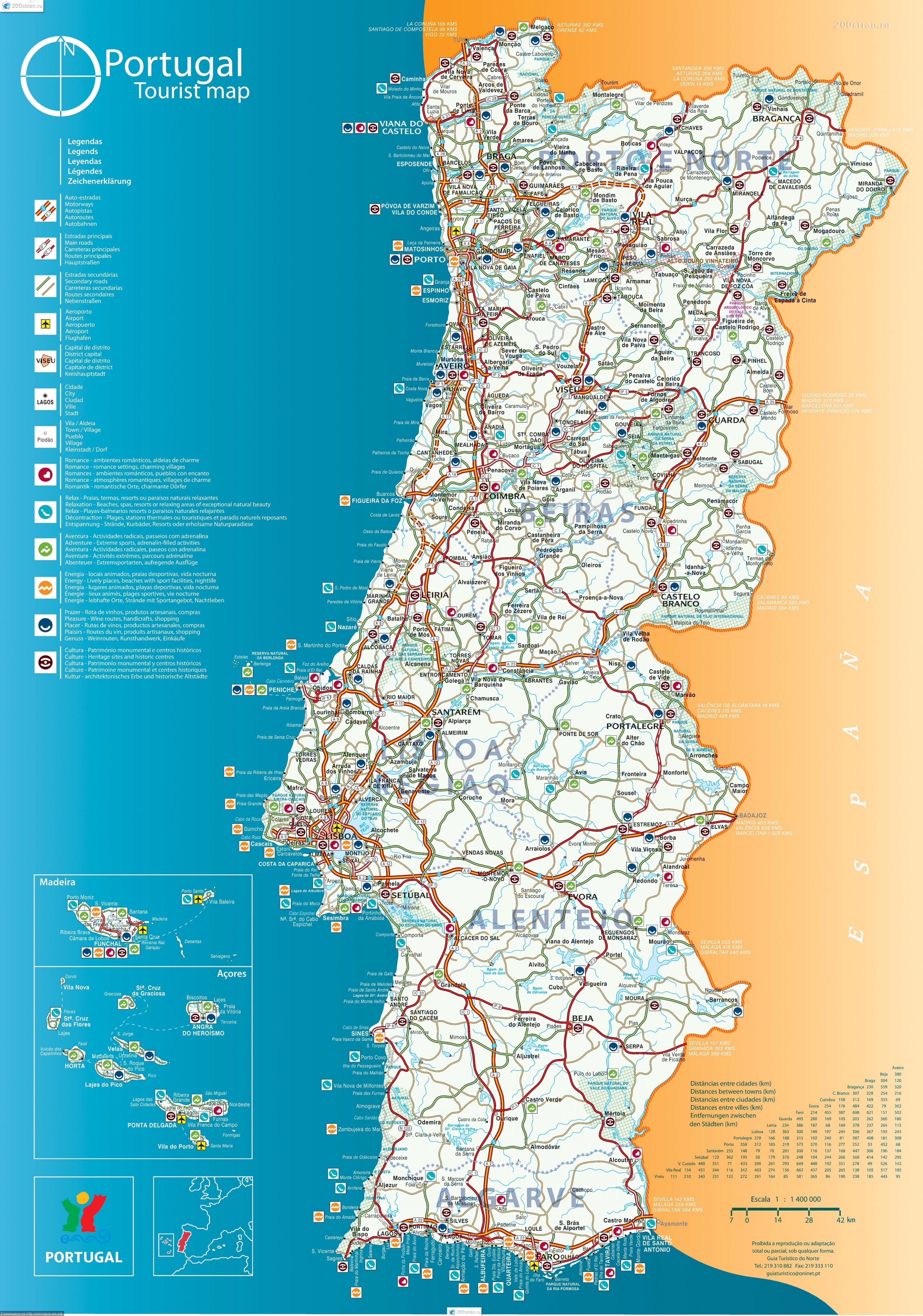Carreteras mapa de Portugal y España, Portugal, Europa