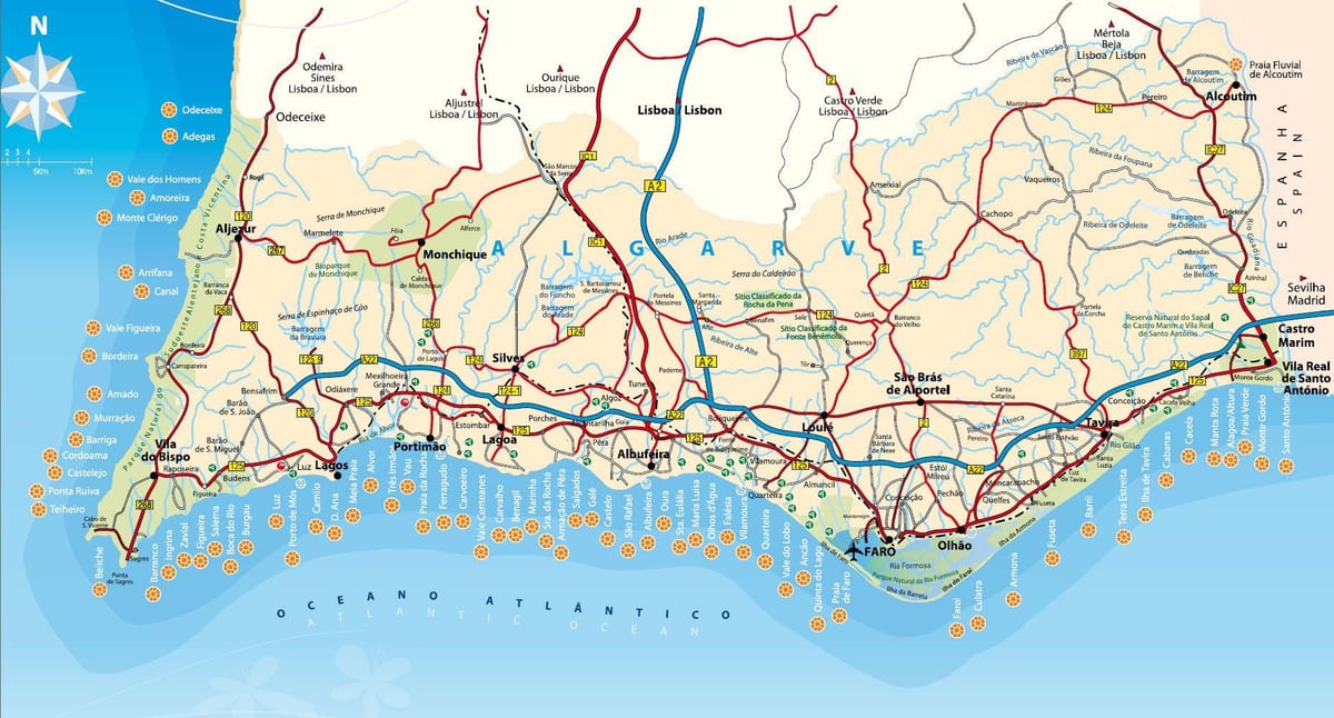 mapa del sur de Portugal