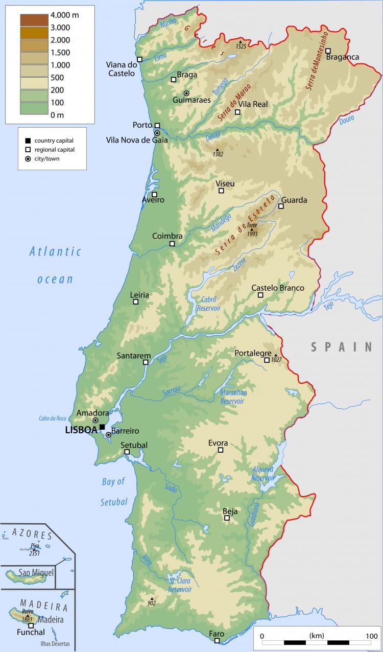 mapa físico de Portugal