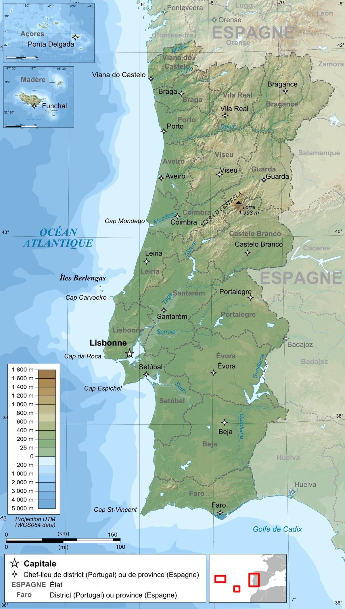 el mapa topográfico de Portugal