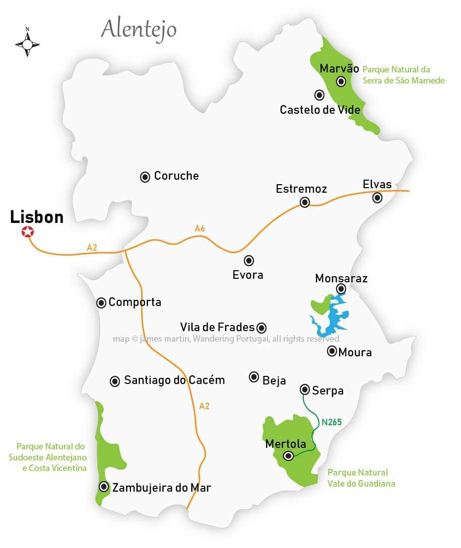 mapa de la región de Alentejo Portugal