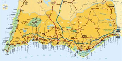 Mapa de la región de algarve, Portugal